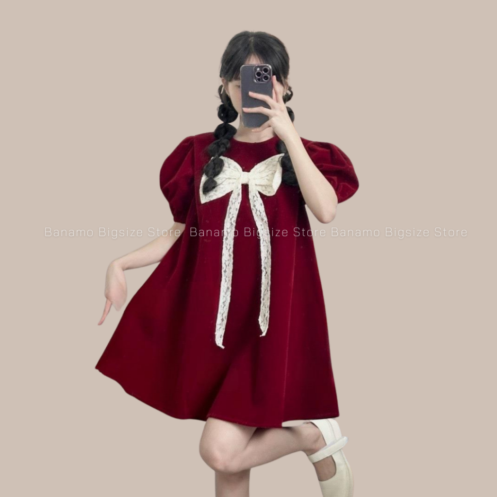 Đầm nữ BIGSIZE  váy nhung đính nơ ren 2 màu 5512