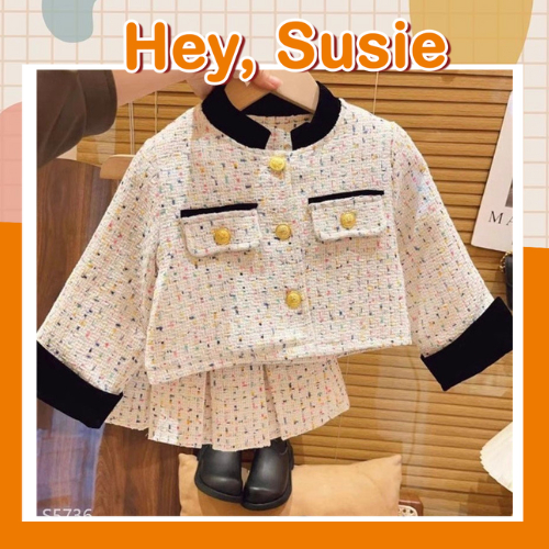 Set Chất Liệu Dạ Màu Kem Cổ Tàu Viền Đen Phối Chân Váy Xòe Cho Bé Gái Từ 8-22kg Hey Susie S5736