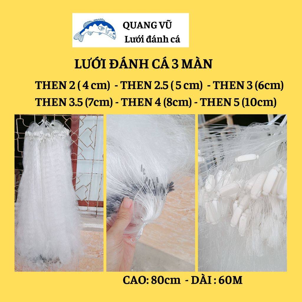 Lưới đánh cá 3 màn (màng) bắt cá diếc, rô phi, trắm, chép Cao 75-80cm then 2, 3, 4, 5 giăng thả cá ở