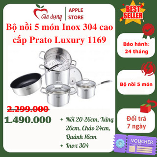 Bộ nồi 5 món Inox 304 cao cấp Prato Luxury 1169, 5 đáy liền khối, đáy từ, gas halogen bảo hành chính hãng 2 năm