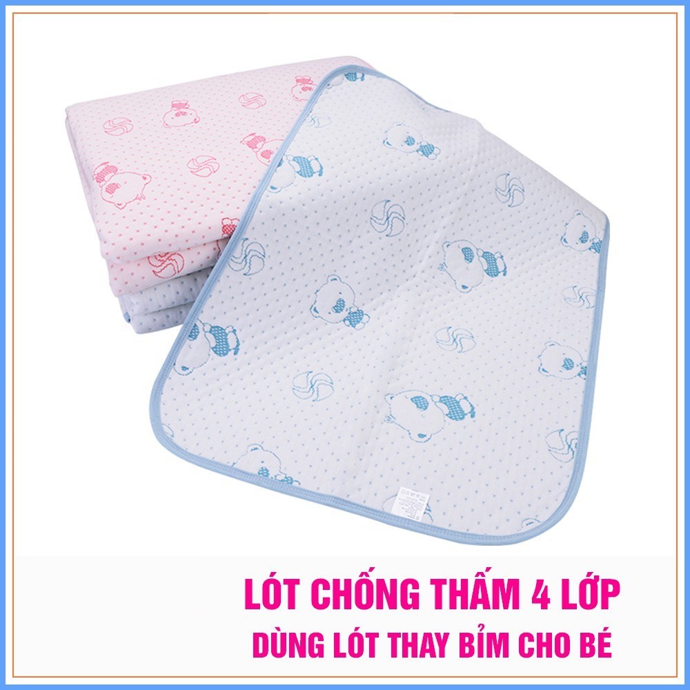 Tấm Lót Chống Thấm Hình Gấu 4 Lớp, Lót Sơ Sinh Cao Cấp Êm Ái Cho Bé
