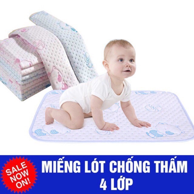 Tấm Lót Chống Thấm Hình Gấu 4 Lớp, Lót Sơ Sinh Cao Cấp Êm Ái Cho Bé