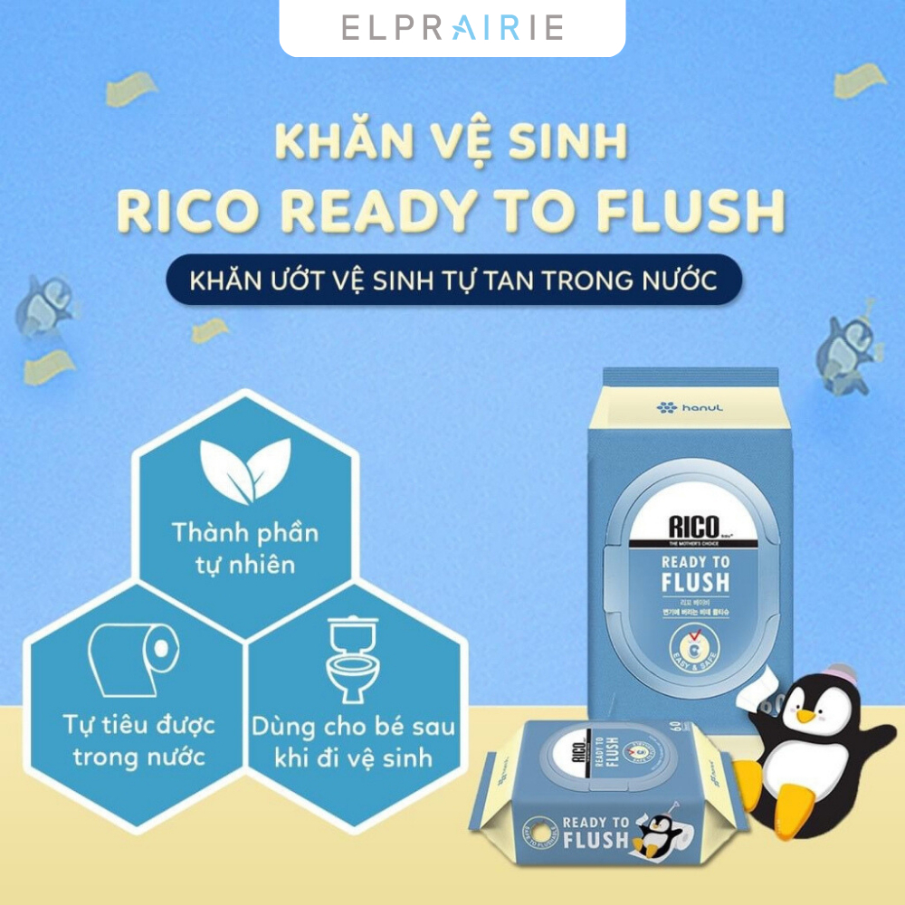 Khăn Ướt Vệ Sinh Tự Tiêu Trong Nước Rico Baby READY TO FLUSH, Xả Được Trong Bồn Cầu, Bịch 60 Tờ - An Toàn Cho Da Em Bé