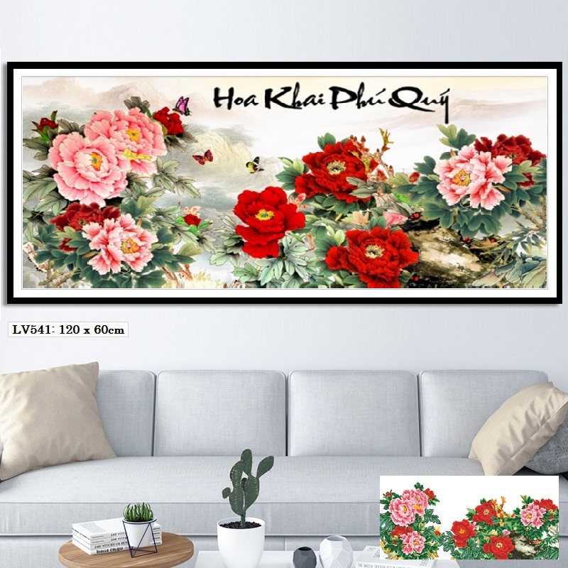 Tranh đính đá Hoa Mẫu Đơn - kích thước : 120x60cm