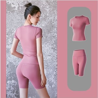 Bộ đồ tập gym nữ 2 món, bộ quần áo tập thể thao yoga tôn dáng nâng mông áo thun quần lửng