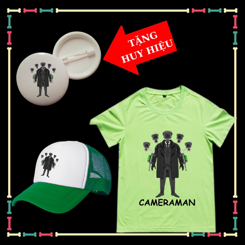 Áo phông Cameraman Skibidi Toilet bé trai bé gái, đủ màu sắc-Kèm mũ lưỡi trai-kèm huy hiệu