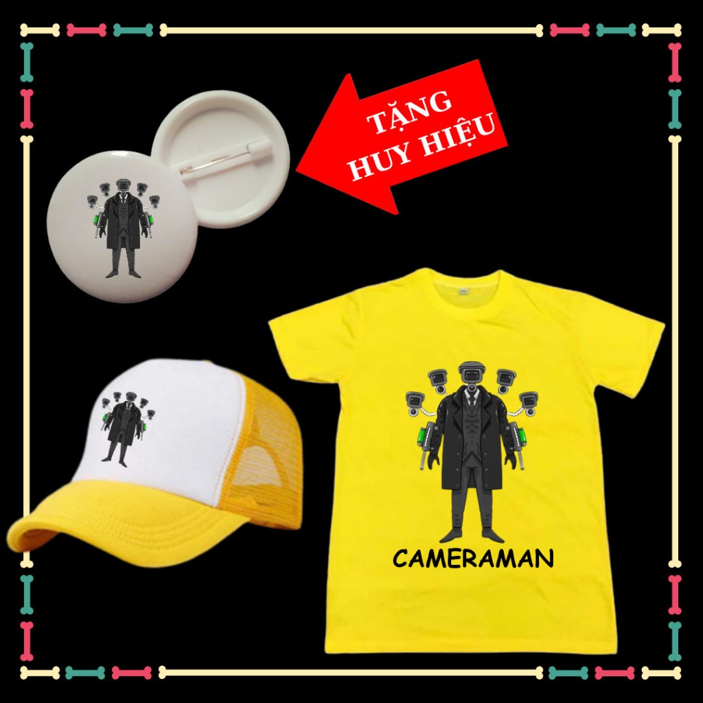 Áo phông Cameraman Skibidi Toilet bé trai bé gái, đủ màu sắc-Kèm mũ lưỡi trai-kèm huy hiệu
