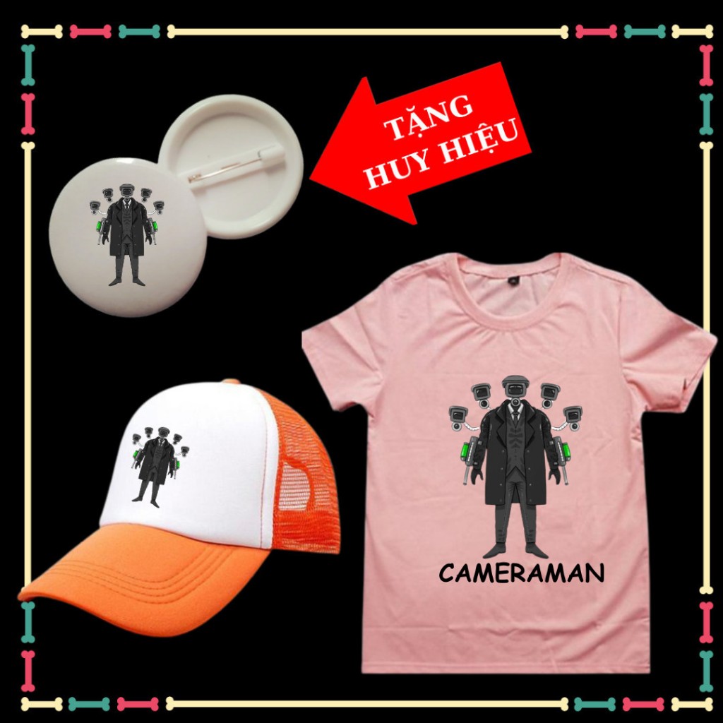 Áo phông Cameraman Skibidi Toilet bé trai bé gái, đủ màu sắc-Kèm mũ lưỡi trai-kèm huy hiệu