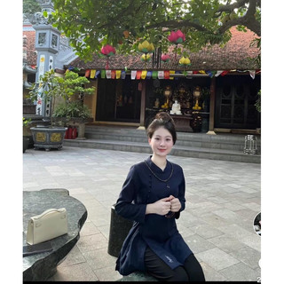 Đồ lam đi chùa tà lệch buộc eo tay dài thêu chữ An Nhiên,Pháp phục phật tử