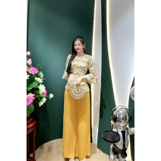 Bộ bà ba tay bèo họa tiết hoa nhí vải lụa mango cao cấp