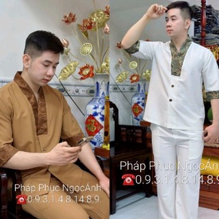Đồ lam đi chùa cho nam, bộ đồ đi lễ, khóa tu cho nam cộc tay cổ V, nút cài dọc vải cotton thoáng mát phong cách lịch sự