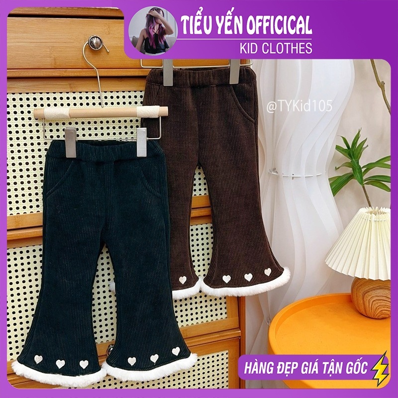 Quần áo trẻ em, Quần nhung ống loe bé gái, phối lông gấu quần, lót nỉ dày dặn cho bé 9-25kg Q105 | Tiểu Yến KID
