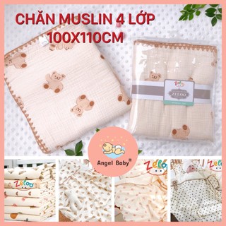 Chăn cho bé muslin organic 4 lớp 110x100cm, khăn tắm bé viền zic zac cao cấp, khăn sợi tre mềm mịn siêu thấm hút