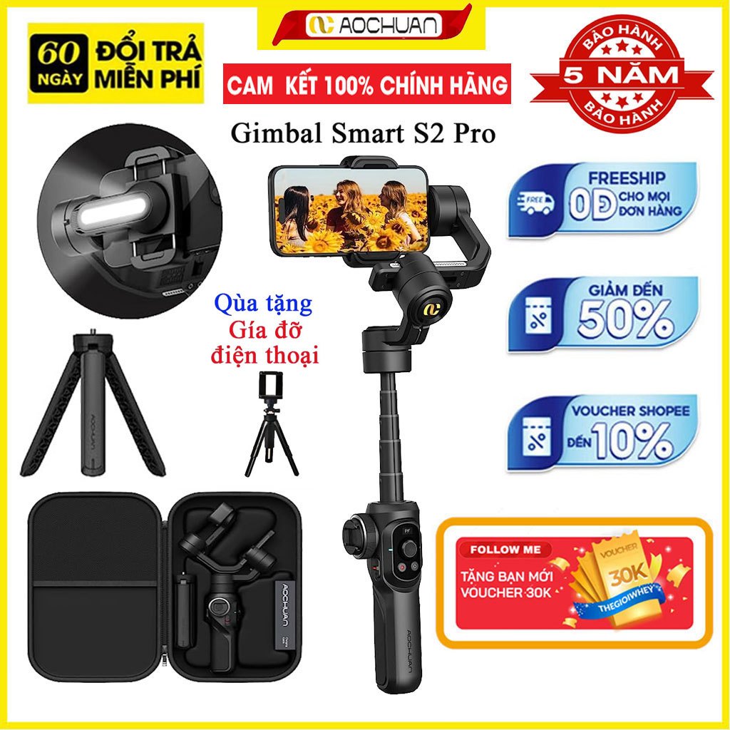 Gimbal chống rung điện thoại AOCHUAN Smart S2 Pro, Gậy chống rung điện thoại cao cấp có thể kéo dài