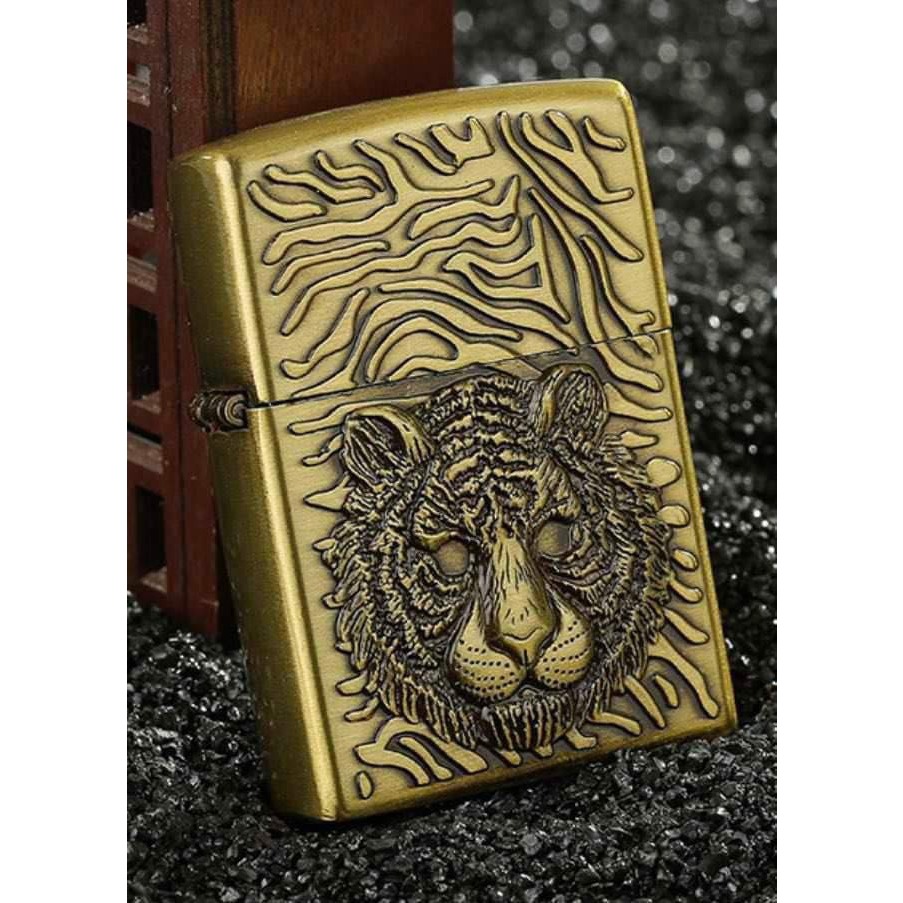 Vỏ zippo màu đồng khắc hình hổ full mặt cực chất kèm phụ kiện