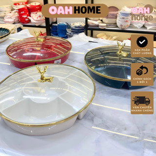 Khay mứt Tết bằng sứ nắp thủy tinh đầu hươu decor ngày Tết, 3 màu sang trọng