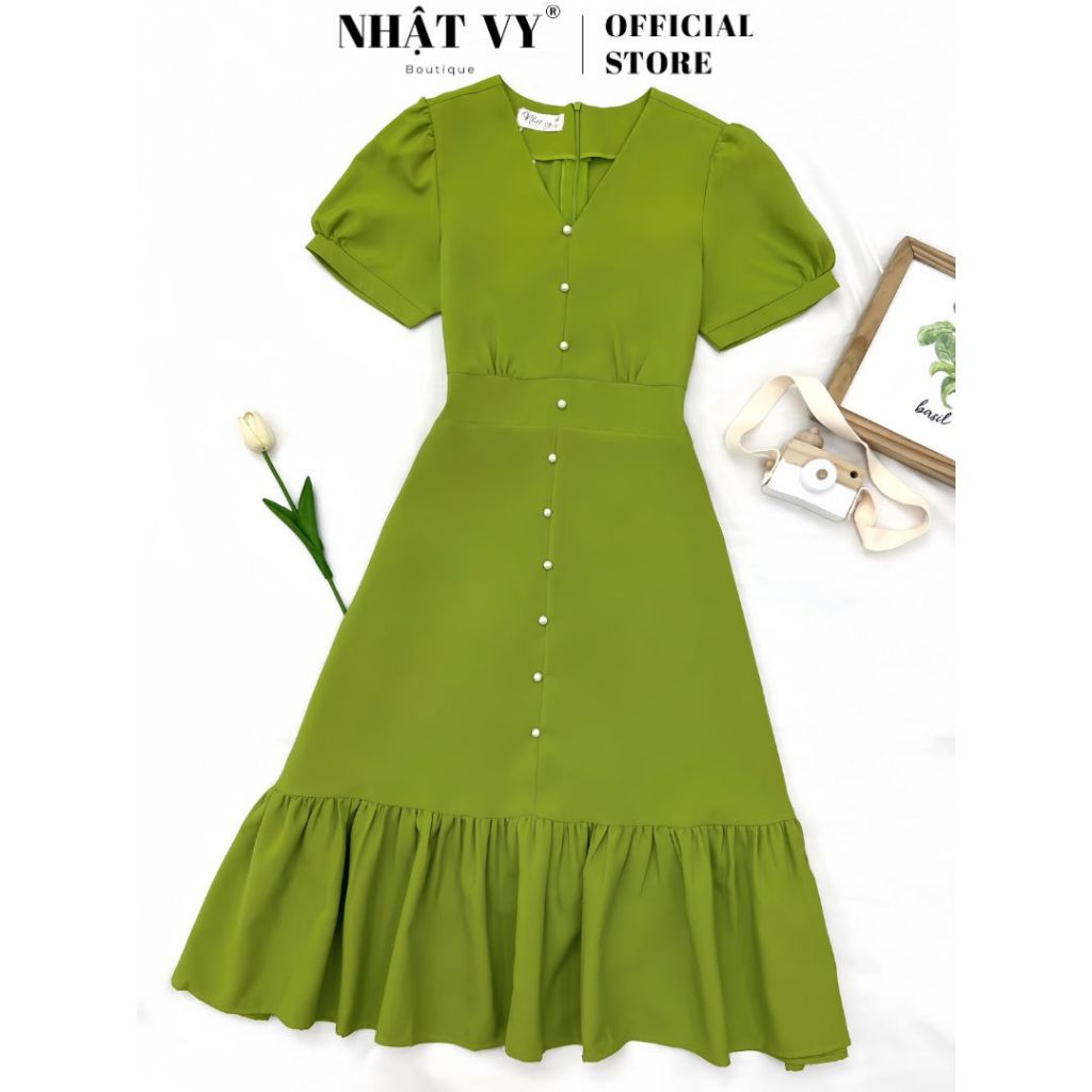 Đầm dự tiệc cổ V Nhật Vy tay phồng đuôi cá đính nút chất lụa phù hợp công sở dạo phố sang chảnh - D2896