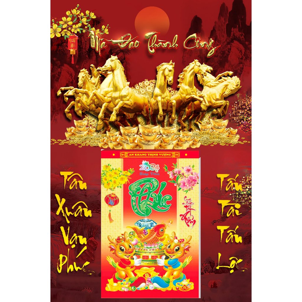 Lịch Gỗ Treo Tường 40x60cm Tráng Gương Tết 2024 Mã Đáo Thành Công