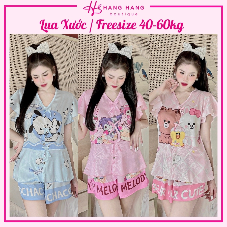 Bộ ngủ freesize 40-60kg, pijama đùi ngắn tay bèo lụa xước, đồ bộ nữ đồ ngủ lụa tiểu thư mặc nhà cute gấu dâu dễ thương