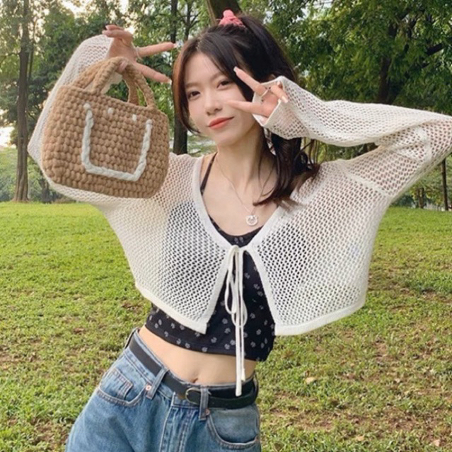 Set áo cardigan lưới kèm áo yếm 2 món, Áo Khoác Cardigan Dệt Kim Len + Yếm Hoa Mặc Trong Cả Set bigsize
