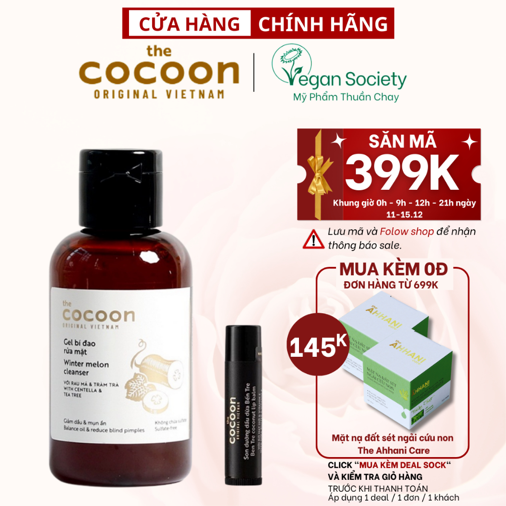 Combo Gel bí đao rửa mặt Cocoon 140ml + Son dưỡng môi dầu dừa bến tre cocoon 5g - Vegan Society