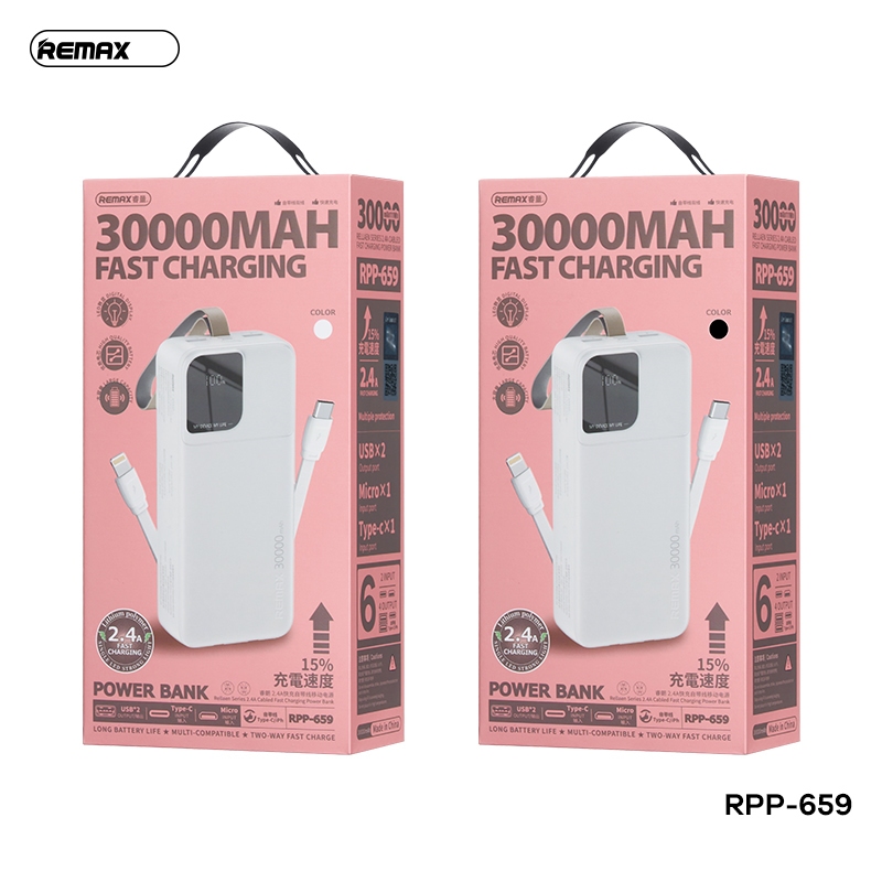 Pin dự phòng Remax RPP-659 dung lượng cao 30000mAh sạc được cho Táo 15 - tích hợp 2 cáp typeC và LN