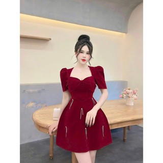Đầm váy thời thượng diện đi dự tiệc chất nhung cứng đính đá cổ vuông form xòe - thiết kế sang chảnh thời trang