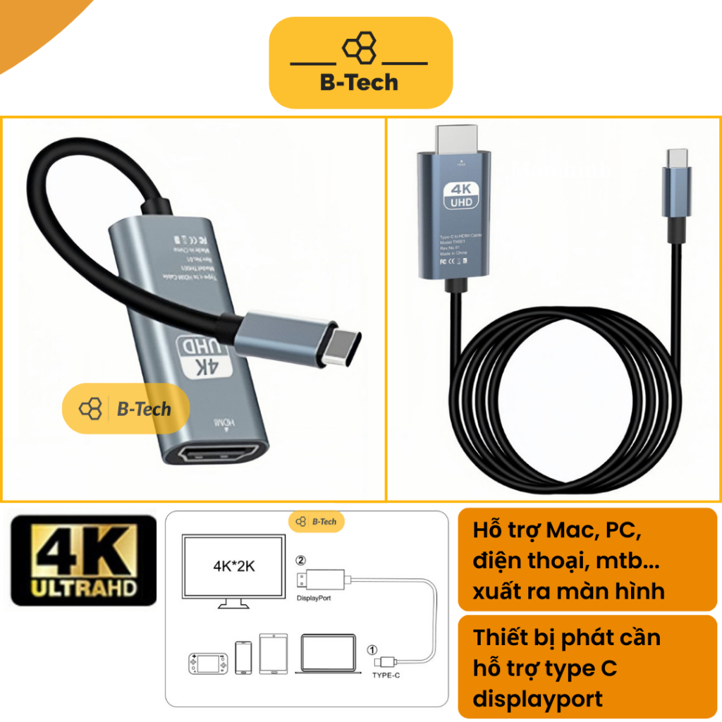 Cáp chuyển đổi usb type C sang HDMI, usb C to HDMI HDTV cho macbook, iphone, ipad, điện thoại, máy tính, laptop - Btech