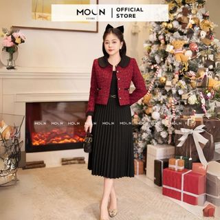  Áo khoác dạ nữ mix chân váy MOON tặng kèm khăn áo chất dạ tweet cổ sen MVE632 chân váy xếp ly chất nhung chéo MCV391 
