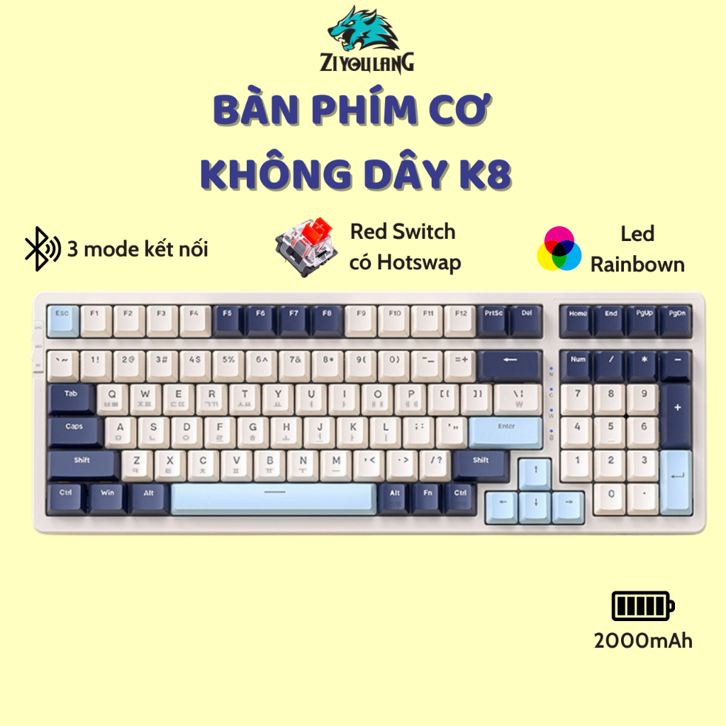 Bàn Phím Cơ Không Dây Hotswap Ziyou K8 Kết Nối Đa Năng 3 Mode, Trục Cơ Red Switch Có Lót Foam Pin Sạc, Cấu Trúc Gasket