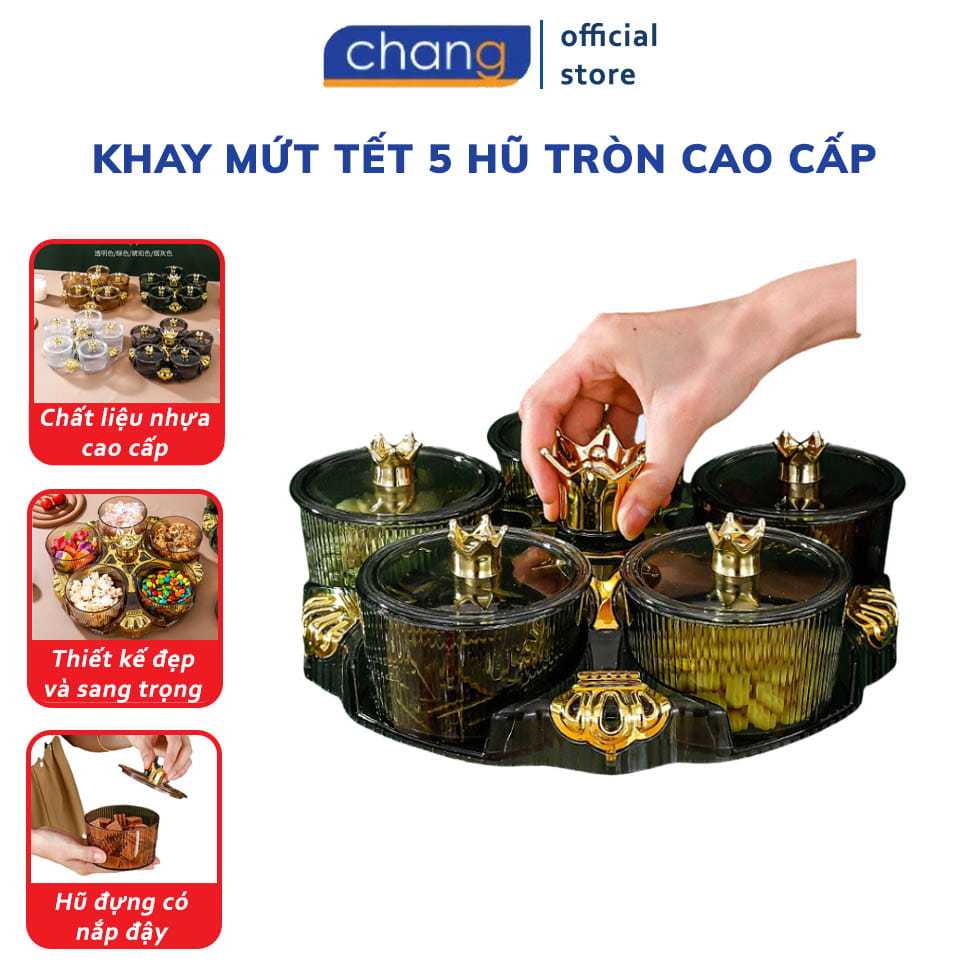 Khay Đựng Mứt Tết 5 Hũ Tròn Chất Liệu Nhựa Cao Cấp An Toàn Sức Khỏe Hũ Đựng Bánh Kẹo, Các Loại Hạt Ngày Tết Cổ Truyền