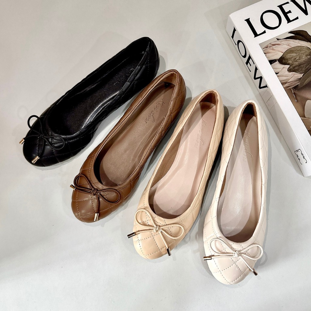 Giày Búp Bê Bệt Nữ Gắn Nơ Chần Chỉ Ô Trám Da Thật Siêu Êm BB45 - DAZZLING SHOES