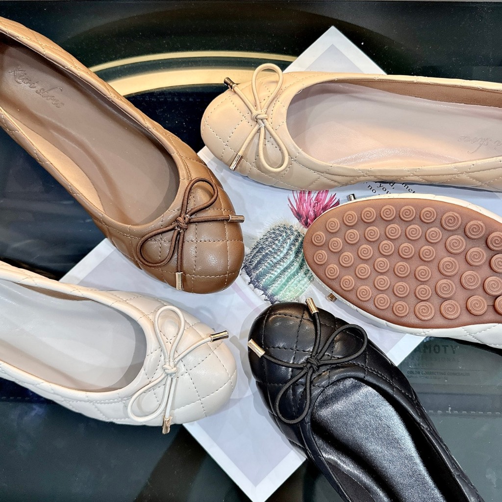 Giày Búp Bê Bệt Nữ Gắn Nơ Chần Chỉ Ô Trám Da Thật Siêu Êm BB45 - DAZZLING SHOES