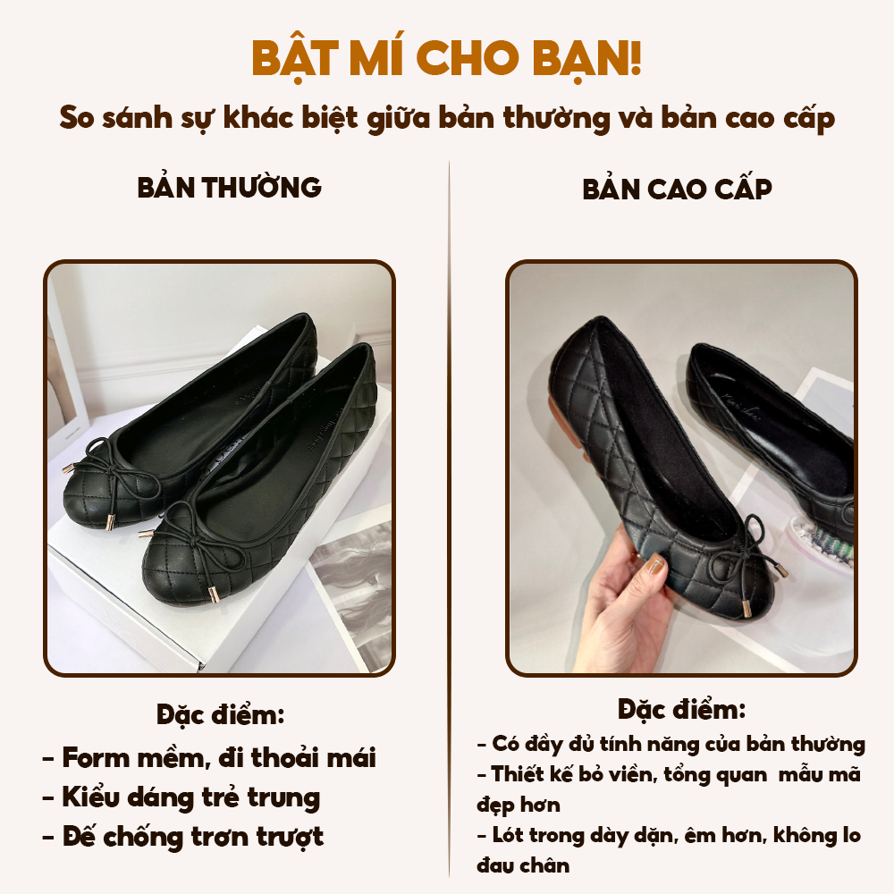 Giày Búp Bê Bệt Nữ Gắn Nơ Chần Chỉ Ô Trám Da Thật Siêu Êm BB45 - DAZZLING SHOES