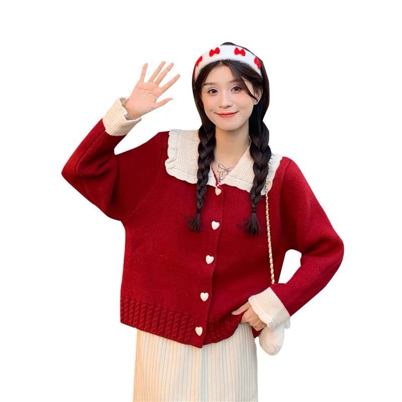 Áo khoác len cardigan cài khuy cổ bẻ POLO phối 2 màu đỏ trắng điệu đà vintage
