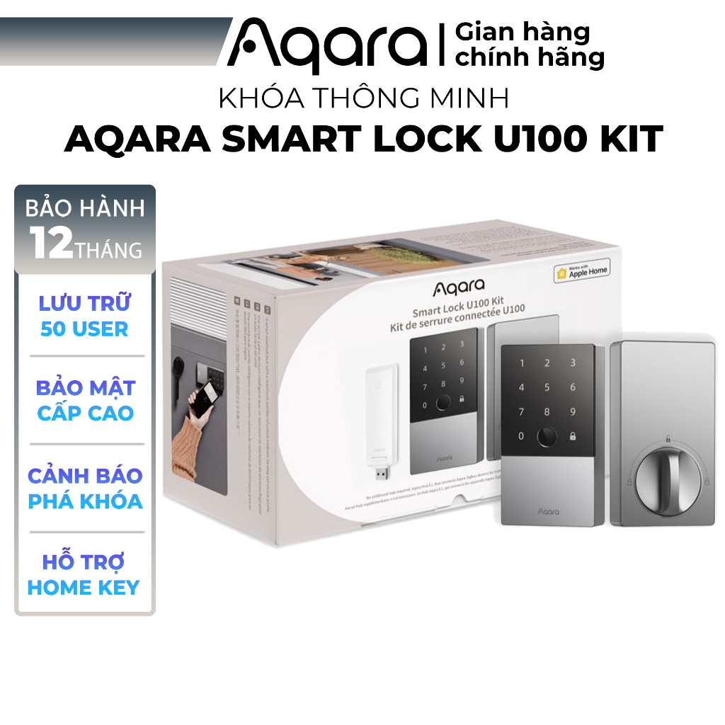 Khóa cửa thông minh Aqara U100 - Tặng kèm Hub E1, Tích hợp vân tay, hỗ trợ HomeKey, Lưu trữ 50 User, BH 12 Tháng