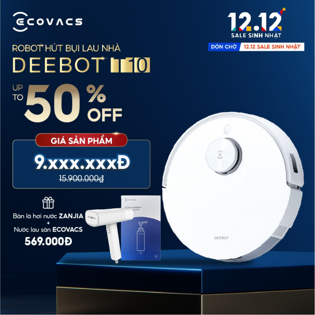 Robot Hút Bụi Ecovacs Deebot T10 - Lực Hút Mạnh Mẽ 3000Pa - Tặng nước lau sàn