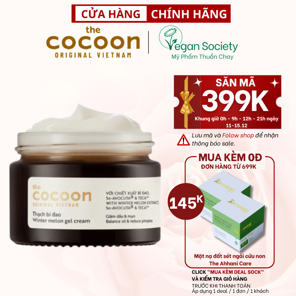 Thạch Bí Đao cocoon (kem dưỡng ẩm) cấp ẩm và ngừa mụn 30ml thuần chay - Vegan Society