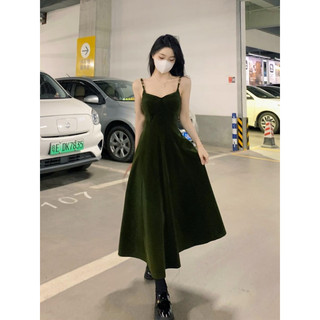 Đầm Hai Dây Xòe Tôn Dáng Đi Tiệc Sang Trọng Màu Xanh Rêu Form Dài