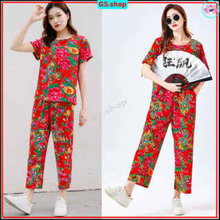 Bộ Áo Thun Tay Ngắn + Quần short Dài Dáng Rộng Họa Tiết HotTrend Hoa Múa Lân Tết Khăn Trải Bàn Nam Nữ Thể Thao
