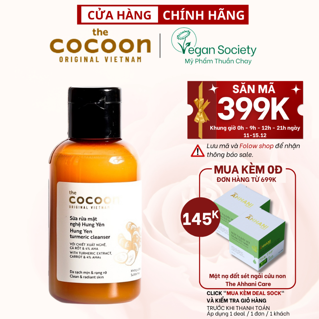 Sữa rửa mặt nghệ Hưng Yên cocoon 140ml sáng mịn da Thuần Chay - Vegan Society