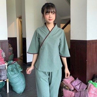 Bộ quần áo nữ Phật tử - đồ lam đi chùa thun lụa co giãn A04VA
