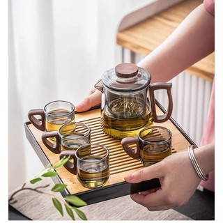 (HỘP QUÀ) Bộ bình cốc trà thủy tinh Hợp Hoan (1 bình 4 cốc), ấm pha trà thủy tinh chịu nhiệt cao cấp