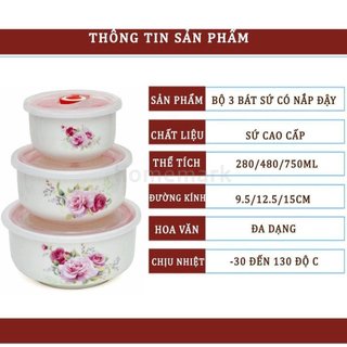 Bộ 3 thố sứ nắp hút chân không