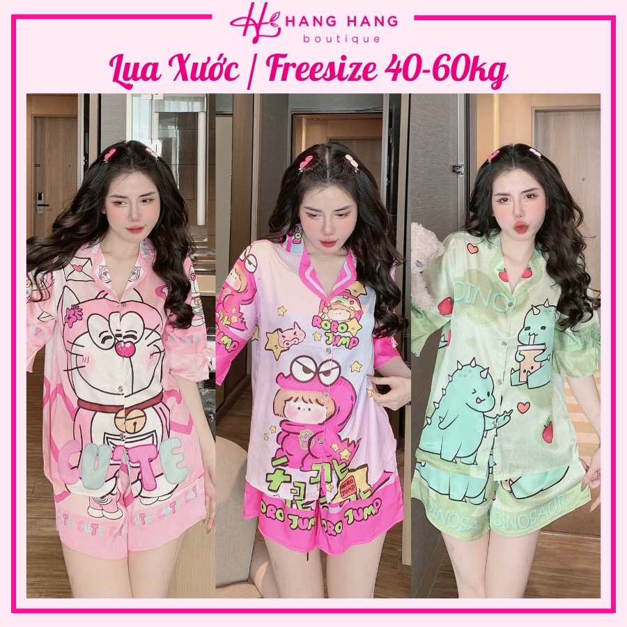 Bộ ngủ freesize 40-60kg, pijama đùi ngắn tay lỡ lụa xước, đồ bộ nữ đồ ngủ lụa tiểu thư mặc nhà cute gấu dâu dễ thương