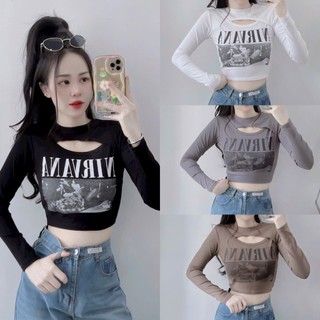 Áo thun croptop tay dài chất borip đẹp mịn in chữ 08