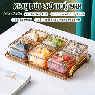Khay đựng mứt tết 6 hũ, bánh kẹo thố thủy tinh sang trọng, bộ đựng mứt tết 6 ngăn khay nhựa abs an toàn
