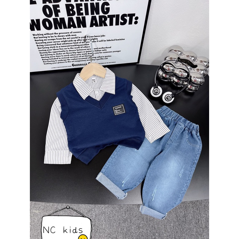 Set sơ mi kẻ quần jean kèm áo gile cho bé trai