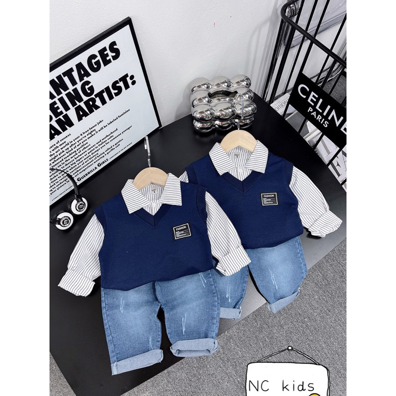 Set sơ mi kẻ quần jean kèm áo gile cho bé trai