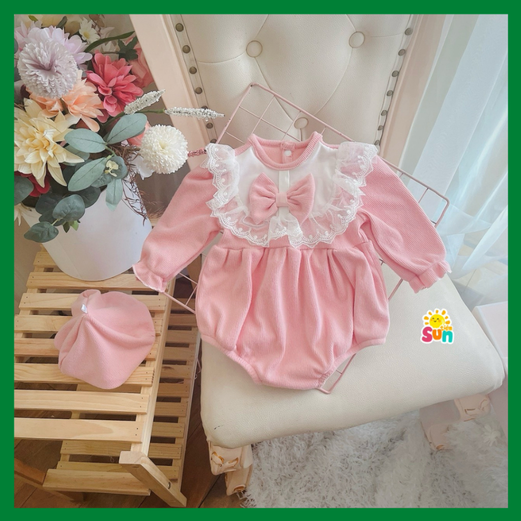 Tặng MŨ, 4-10kg, body dài tay chất len nhung mềm mịn cho bé gái, hàng thiết kế xịn đẹp